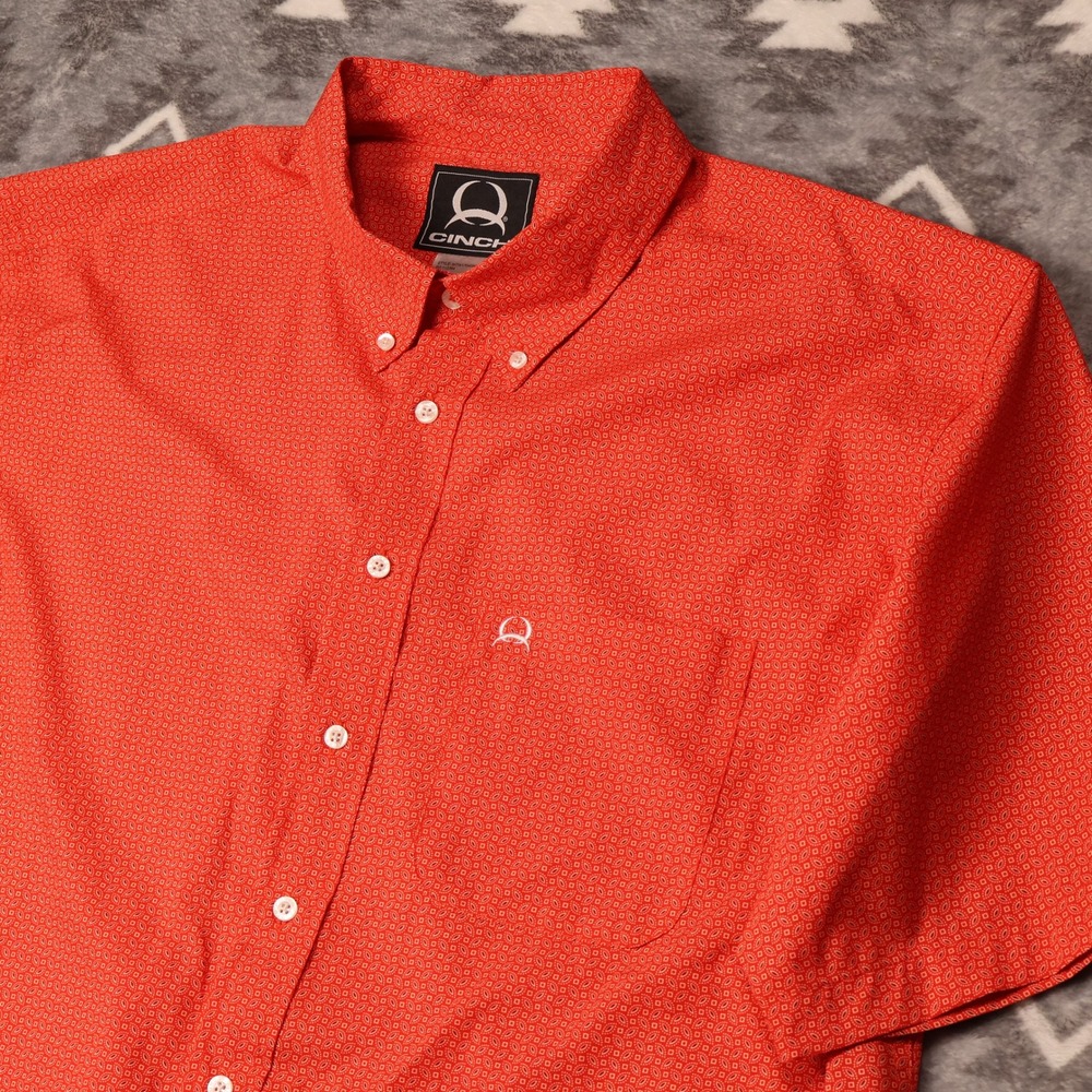 Cinch Mens Orange Geometric Print Short Sleeve Button Shirt XXL Tech Stretch